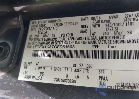 2016 Ford F-150 Xlt from USA, damaged, VIN 1FTEX1C87GFD51603